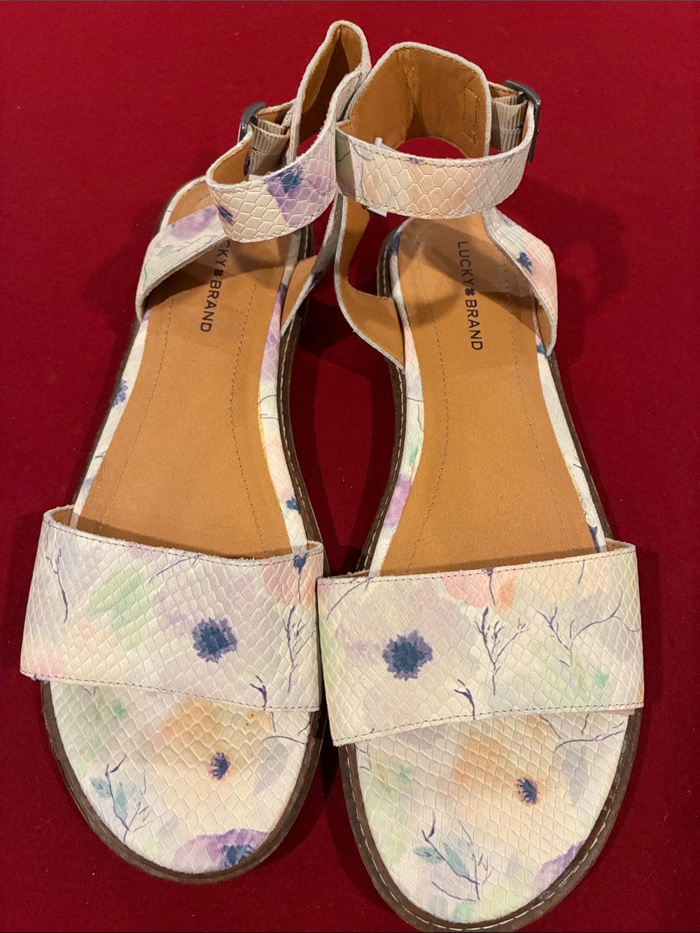 Lucky Brand Pastel Floral Ankle-Strap Sandals in Cream with Multicolor Flowers